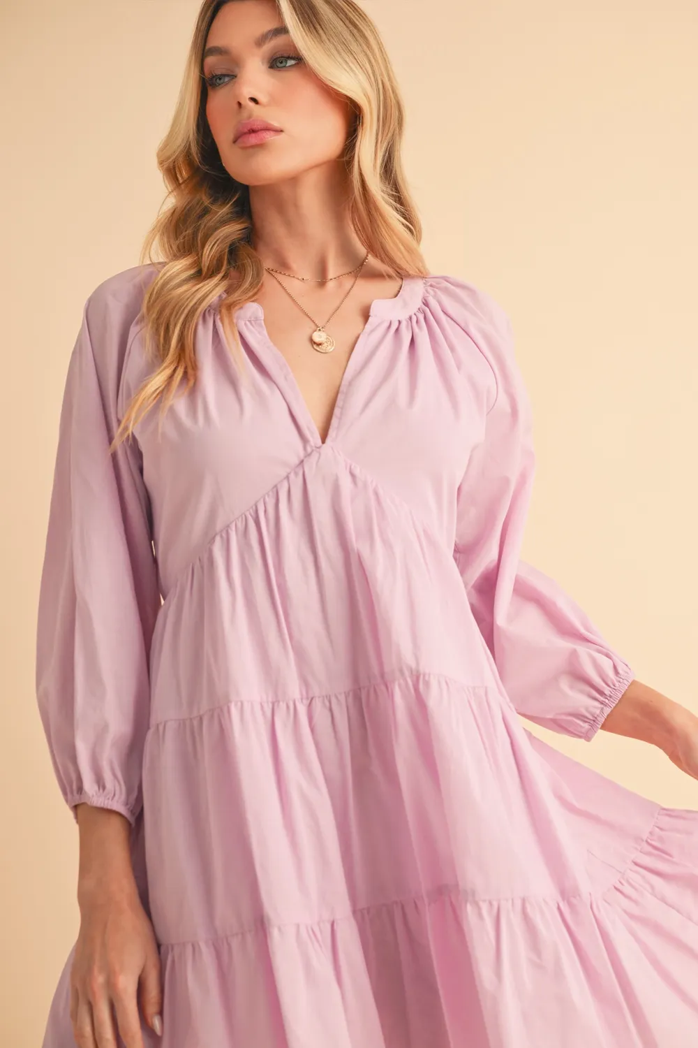 Notched Balloon Sleeve Tiered Mini Dress, image 4