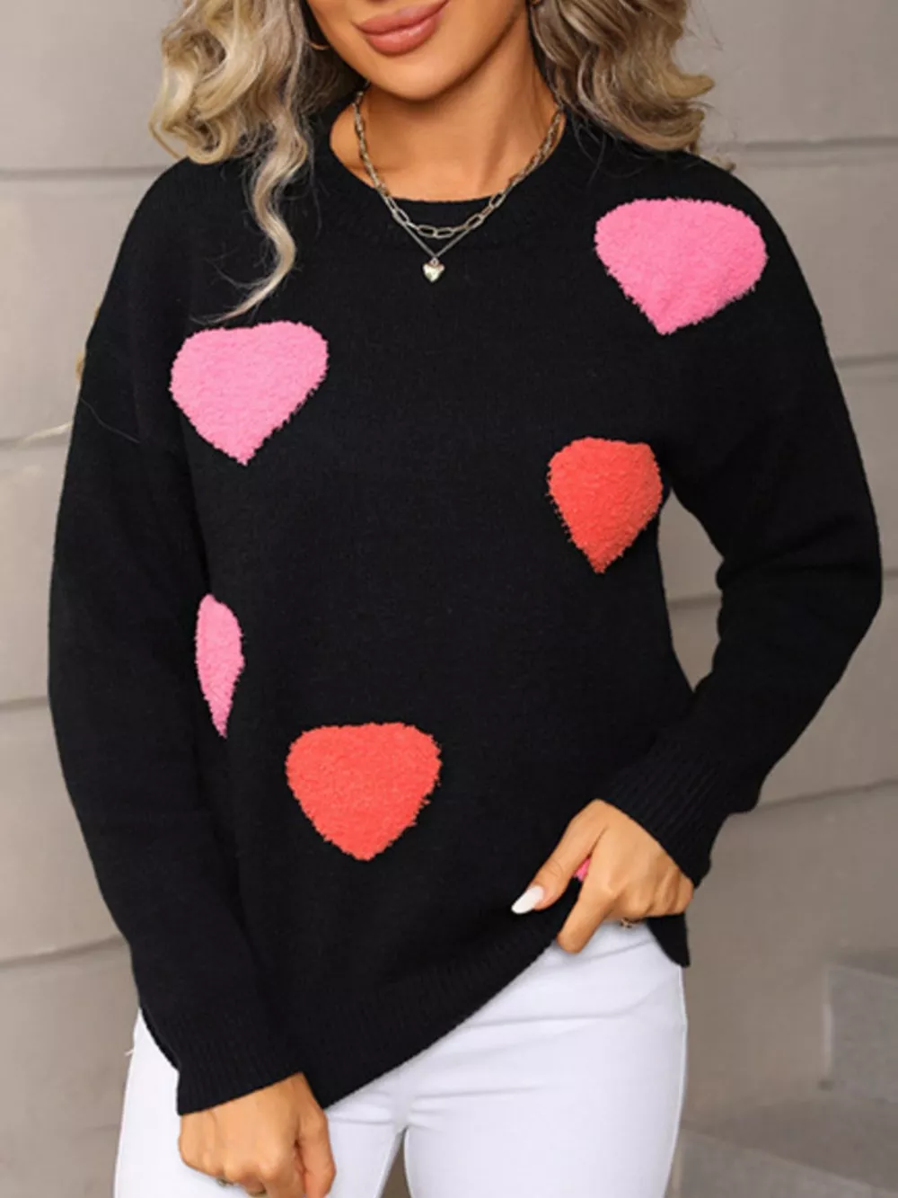 Valentine's Day Heart Pattern Long Sleeve Sweater, image 3