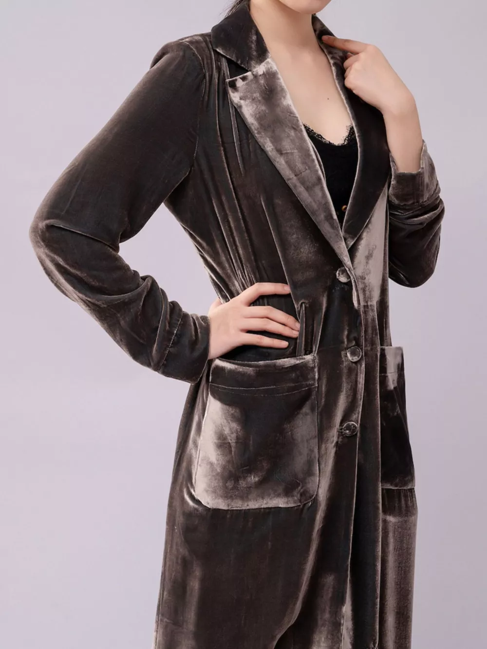 Velvet Lapel Collar Longline Coat, image 3