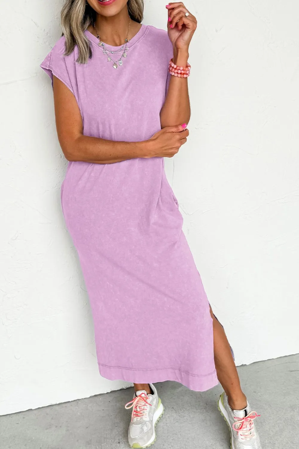 Side Split Round Neck Cap Sleeve T-Shirt Dress, image 7