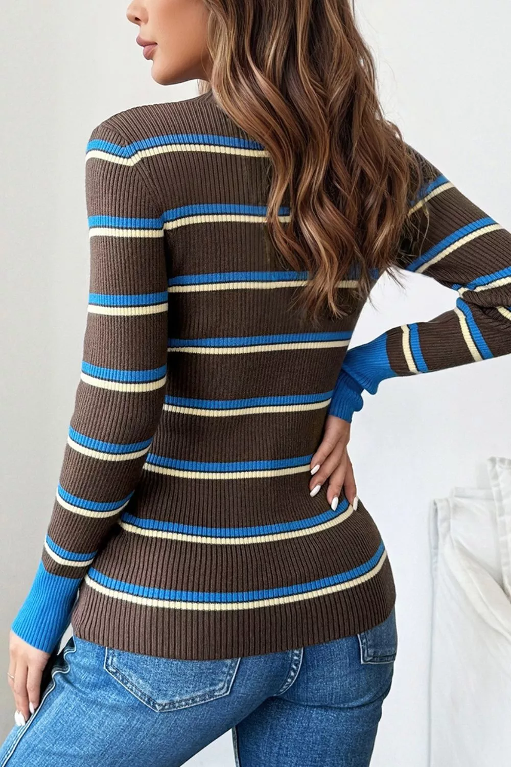 Ribbed Knit Contrast Cuff Henley Button Sweater, image 3