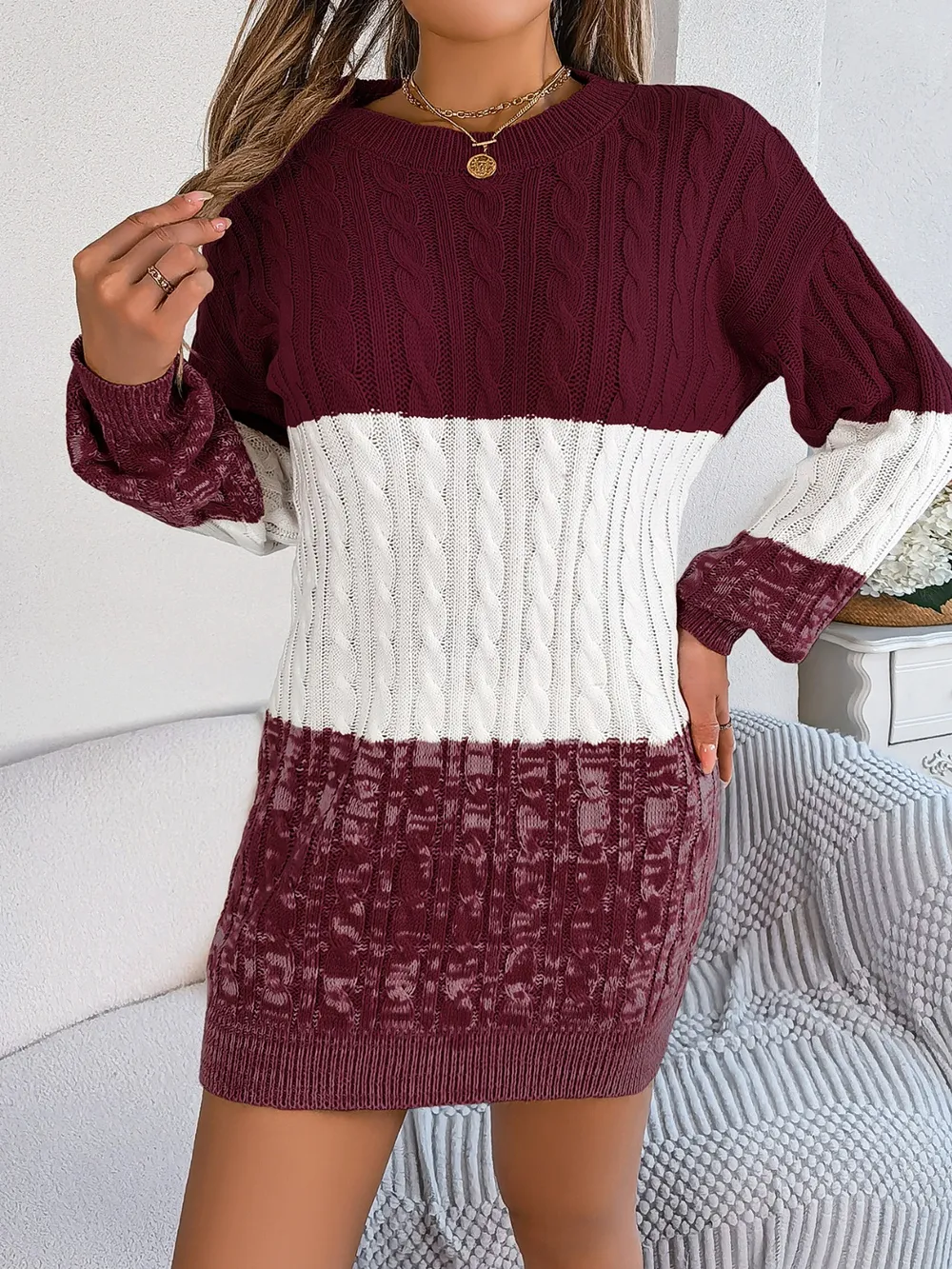 Cable-Knit Round Neck Color Block Sweater Dress, image 16