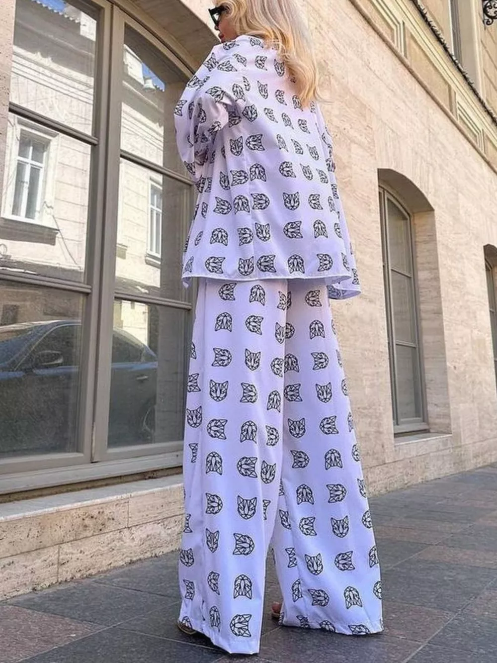 Open Front Cat Print Shirt and Pants Set, image 6