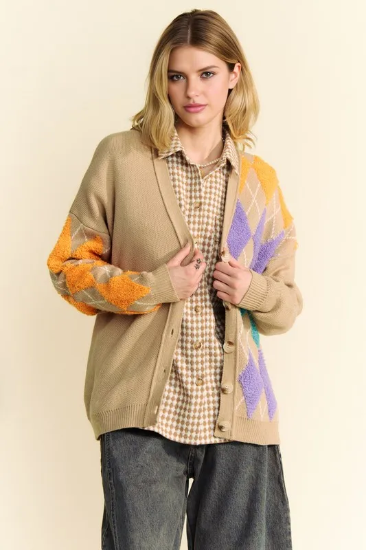 Argyle V-Neck Dropped Shoulder Cardigan, image 5