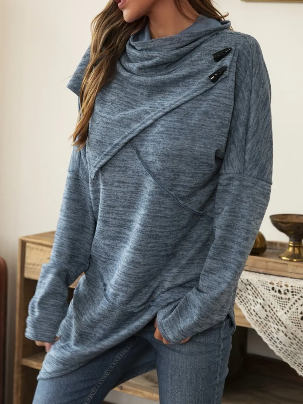 Asymmetrical Hem Cowl Neck Long Sleeve T-Shirt, image 4