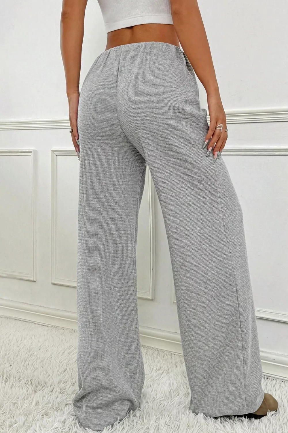 Ribbed Knit Drawstring Wide Leg Pants, image 9