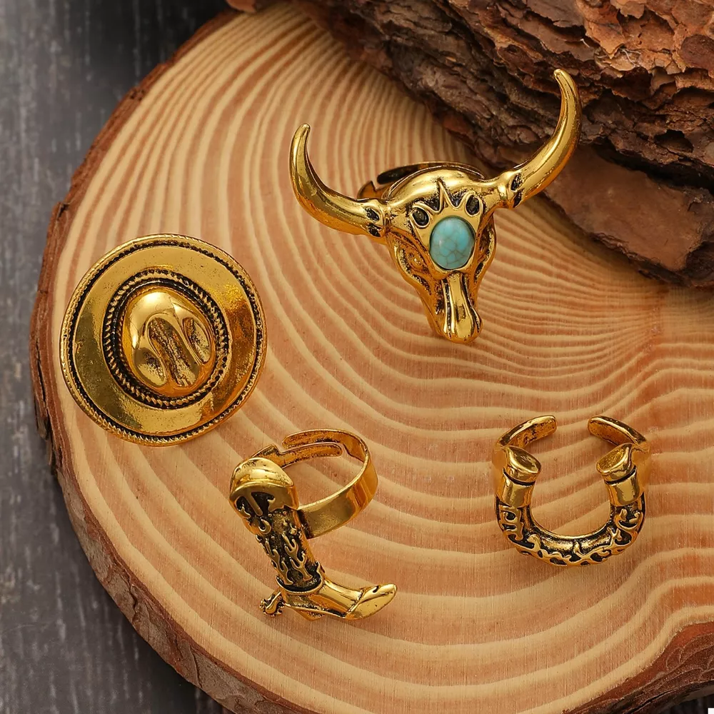 4 Piece Vintage Western Style Bull Head Rings