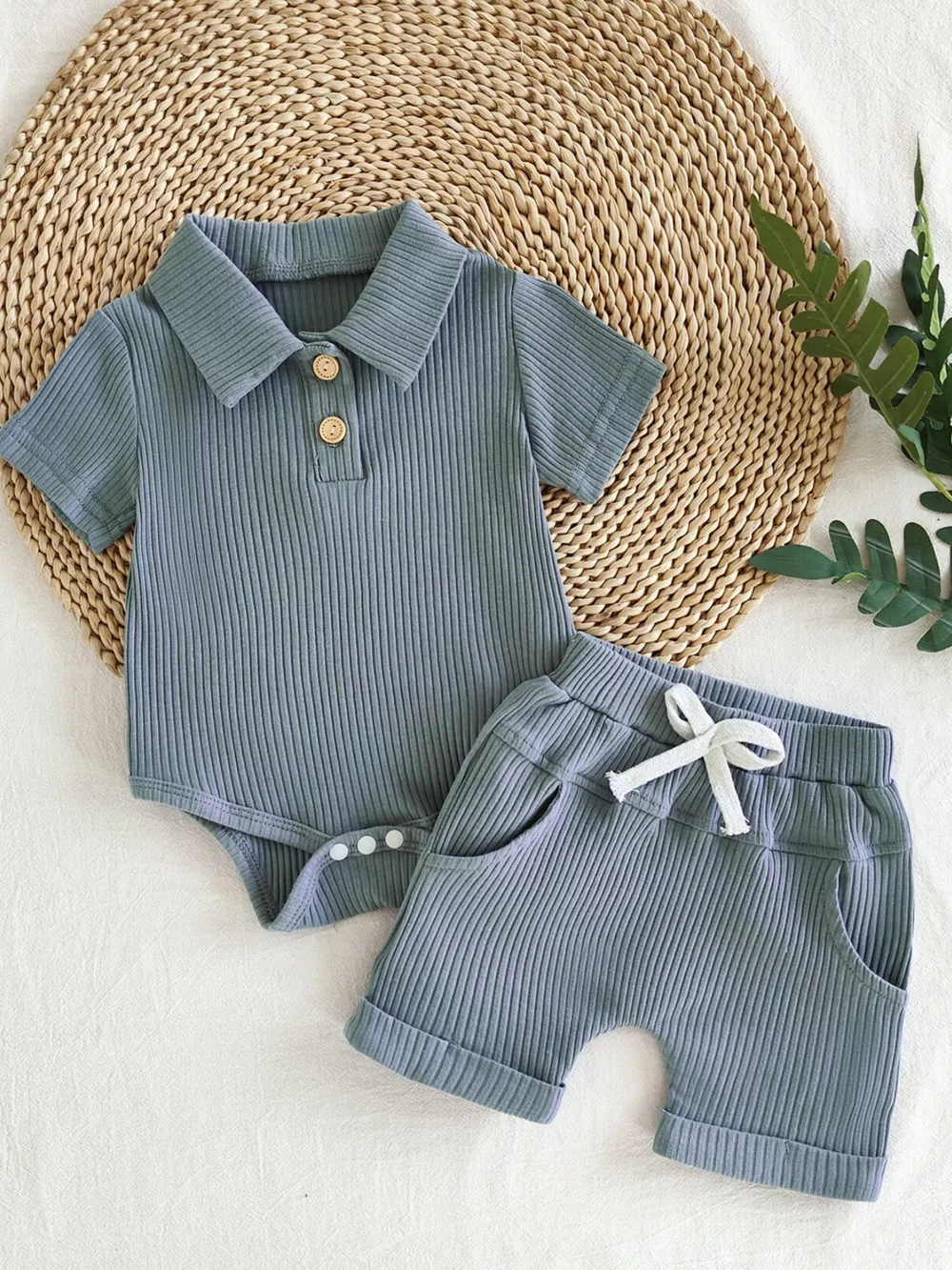 Children's Ribbed Knit Polo Bodysuit & Shorts Set, image 5