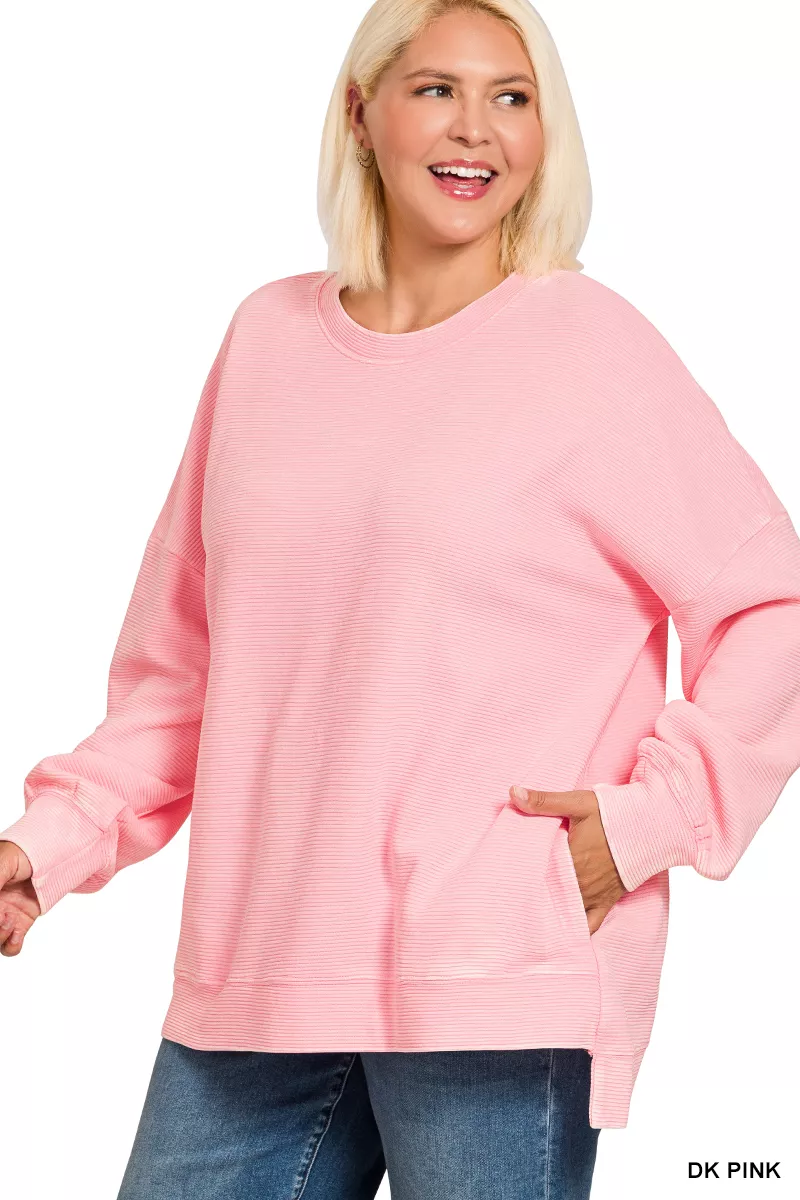Full Size Acid Washed Double Ribbed Hi-low Sweatshirt Plus Size, image 3