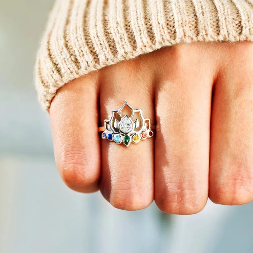 925 Sterling Silver Inlaid Zircon Lotus Shape Ring, image 4