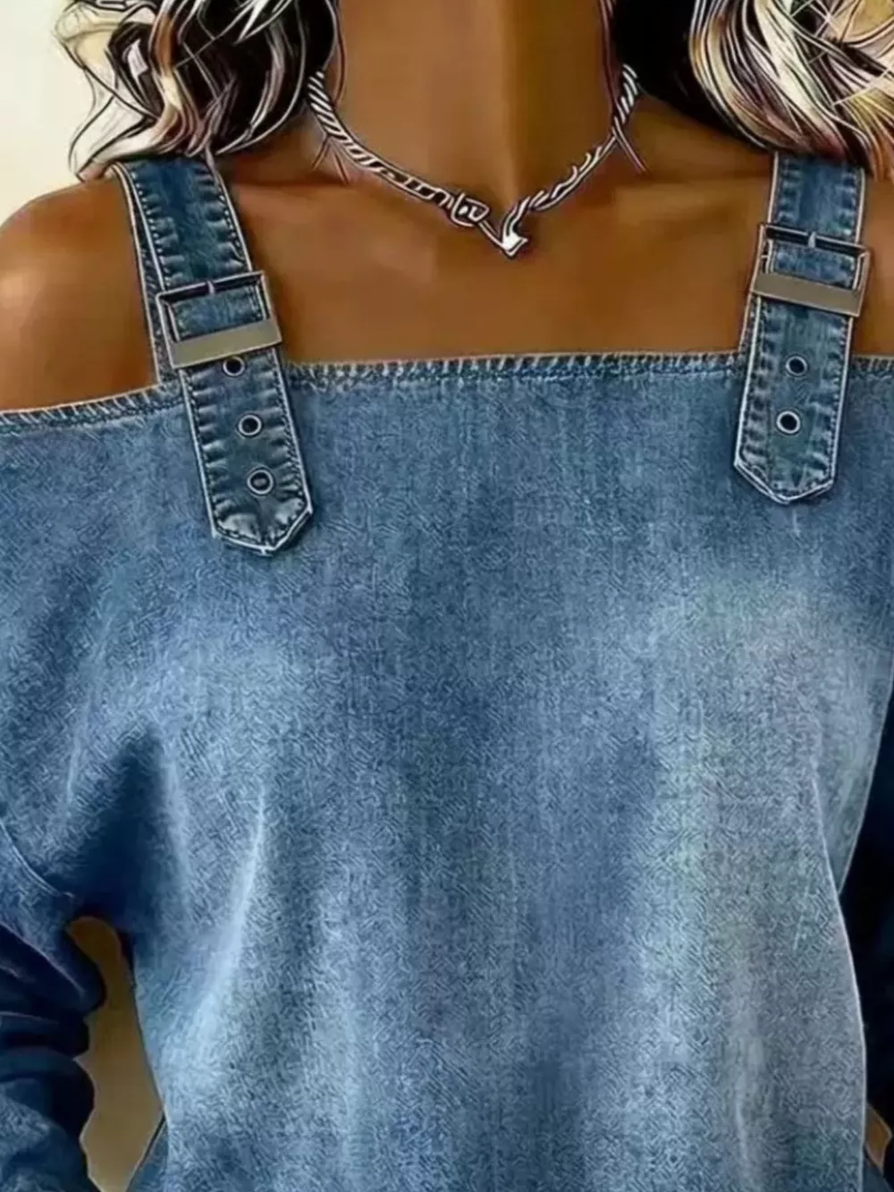 Full Size Buckle Strap Long Sleeve Denim Top Plus Size, image 5
