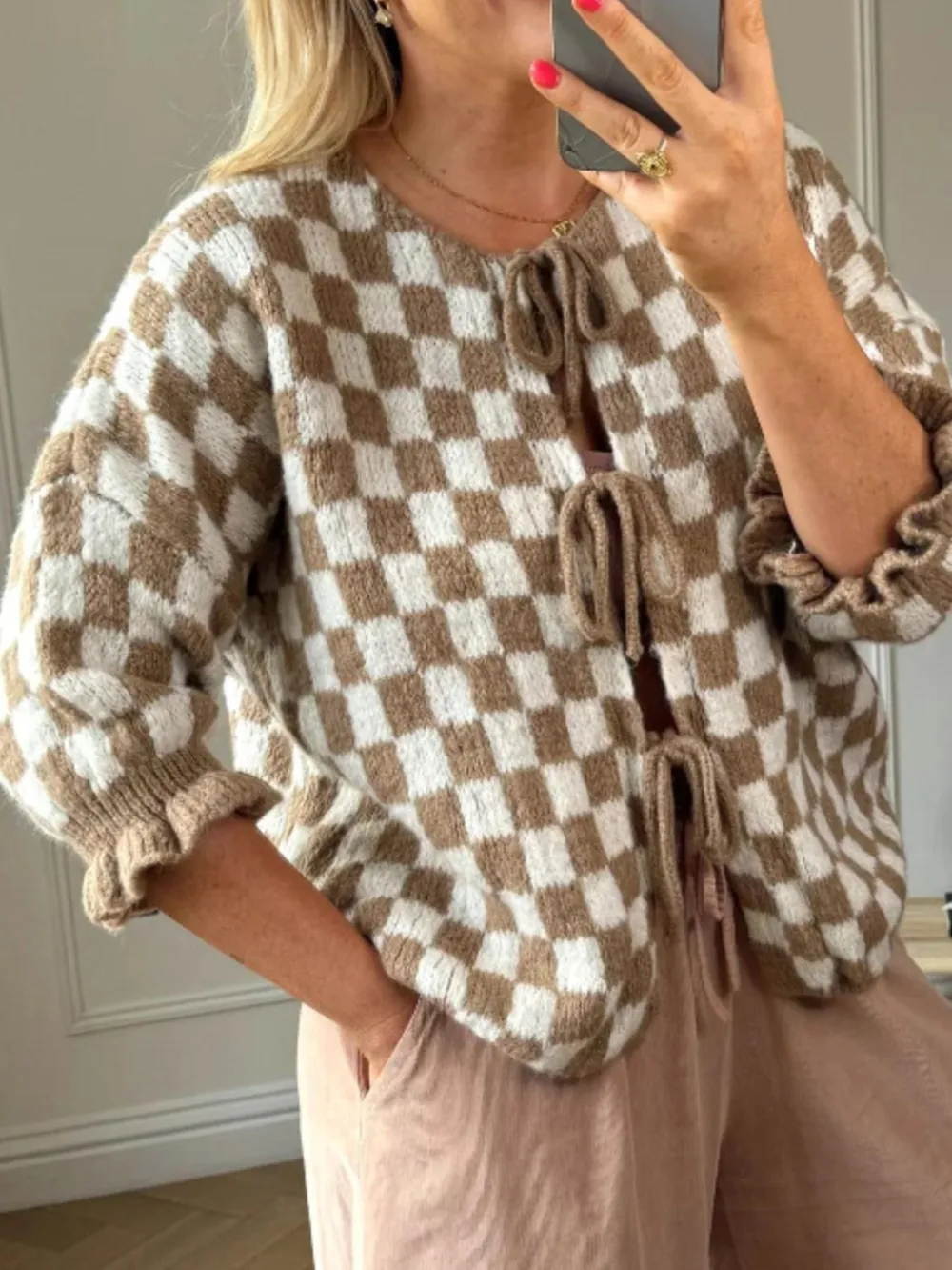 Checkered Tie-Front Knit Cardigan, image 9