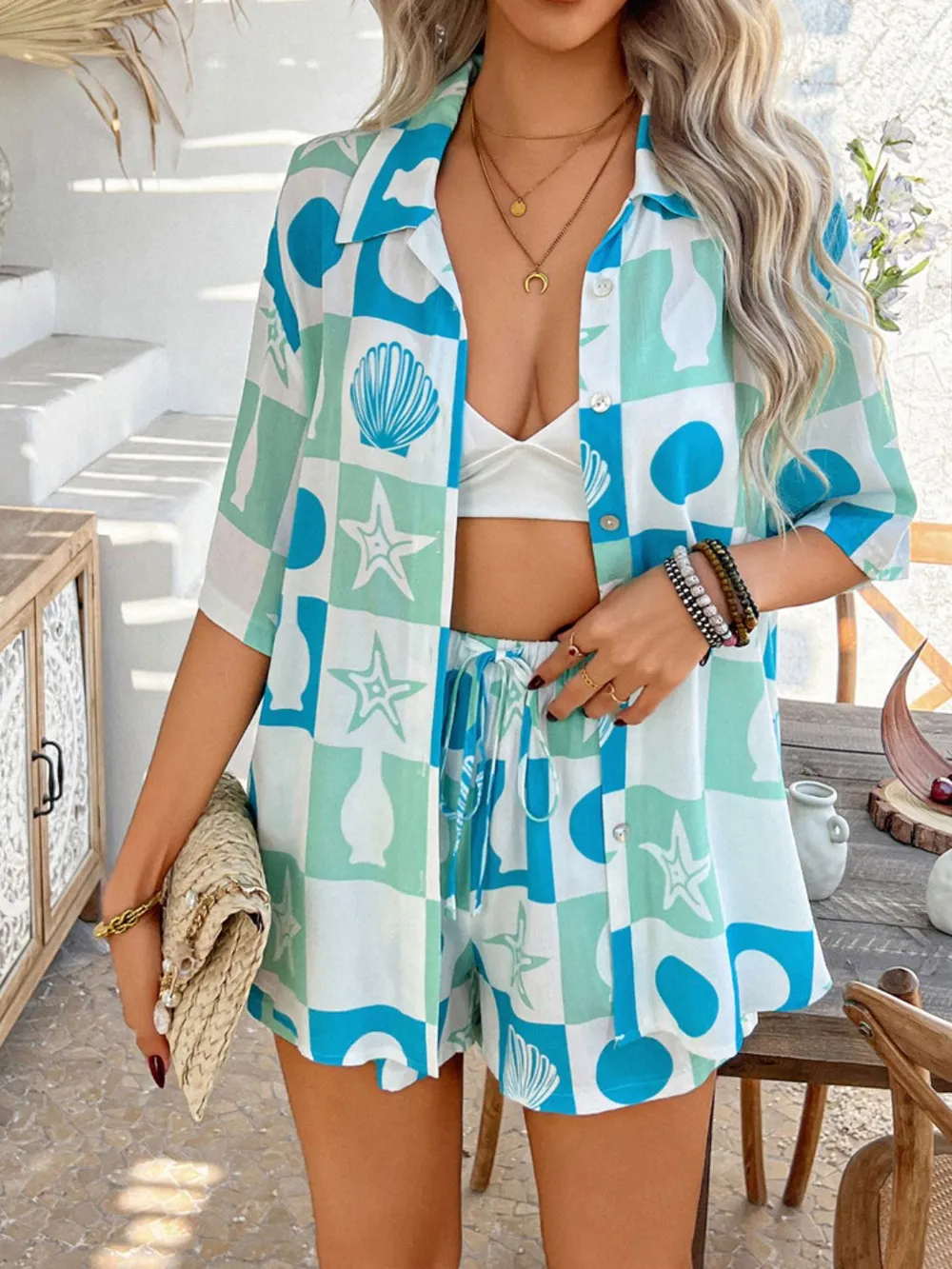 Printed Button Down Shirt and Shorts Set, image 2