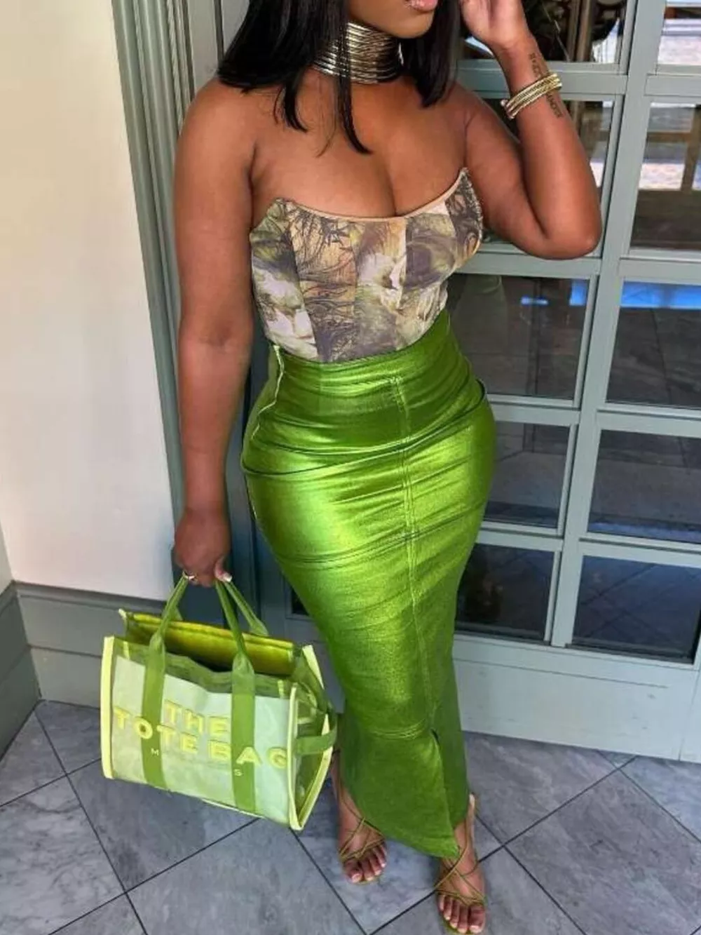 Shimmering Side Slit Bodycon Maxi Skirt, image 3