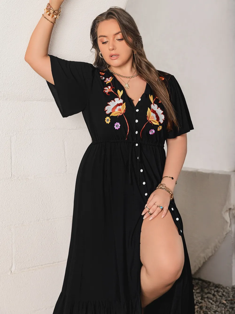 Plus Size Embroidered V-Neck Flutter Sleeve Maxi Dress, image 5