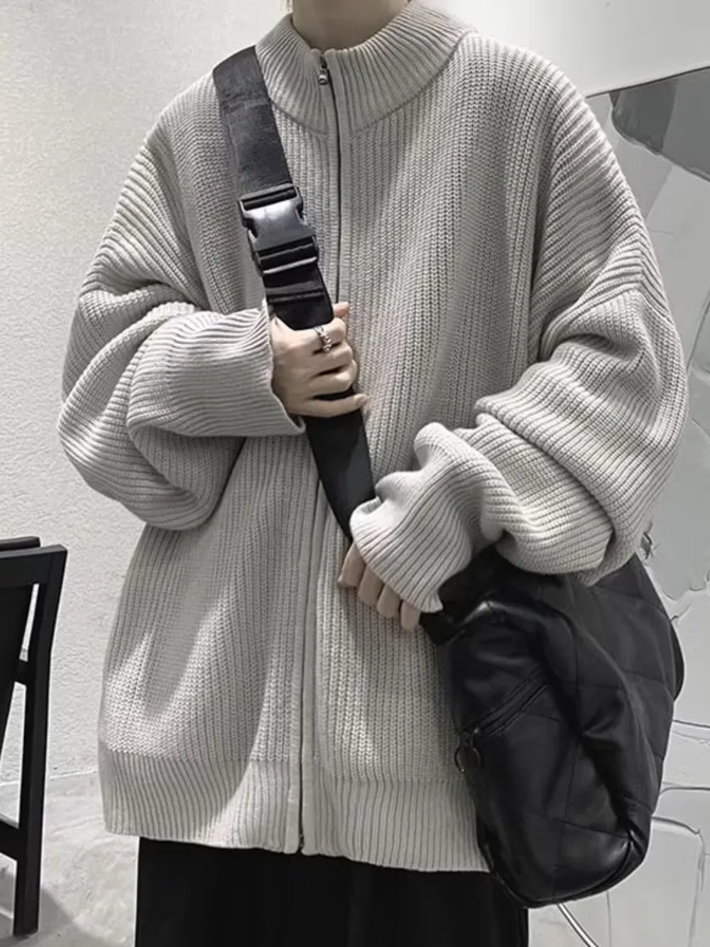 Men's Oversized Ribbed Zip-Up Sweater Cardigan, image 7