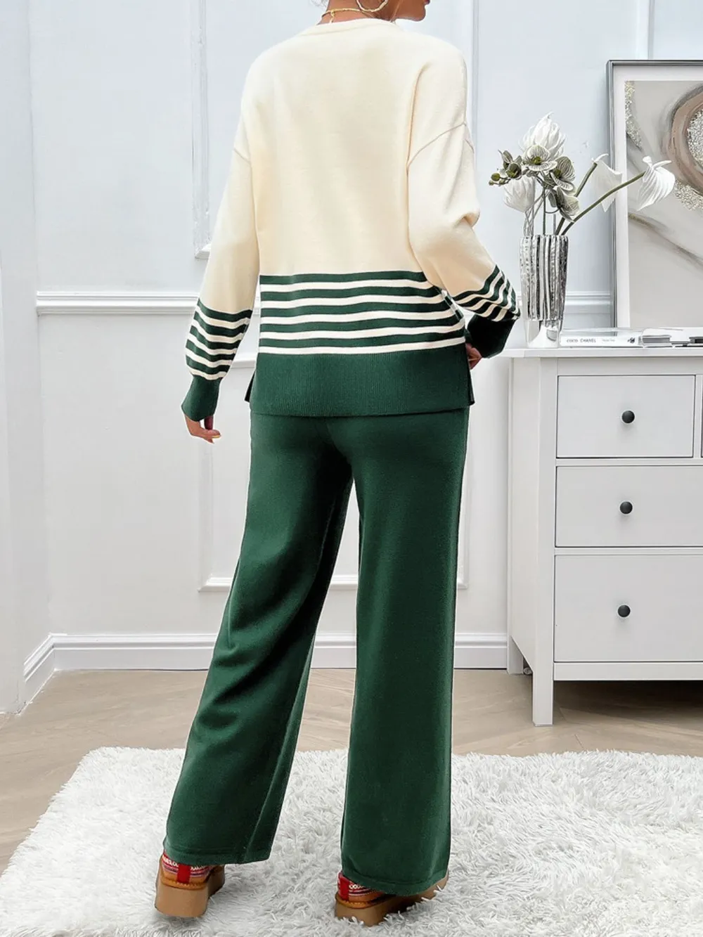 Slit Striped Round Neck Top and Pants Sweater Set, image 3