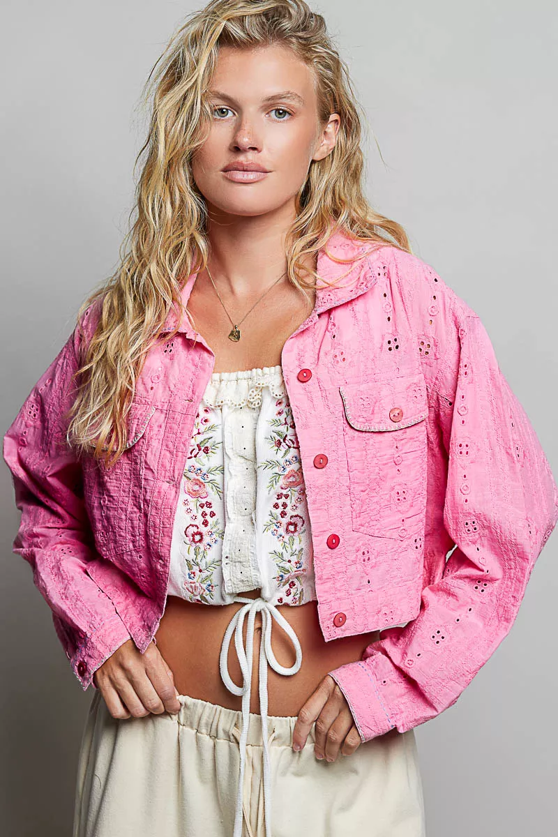 POL Eyelet Textured Cotton Cropped Button-Front Jacket, image 4