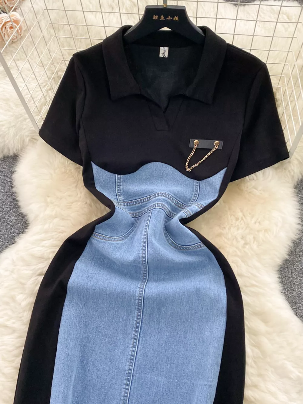 Full Size Color Block Denim Patchwork Bodycon Mini Dress Plus Size, image 3