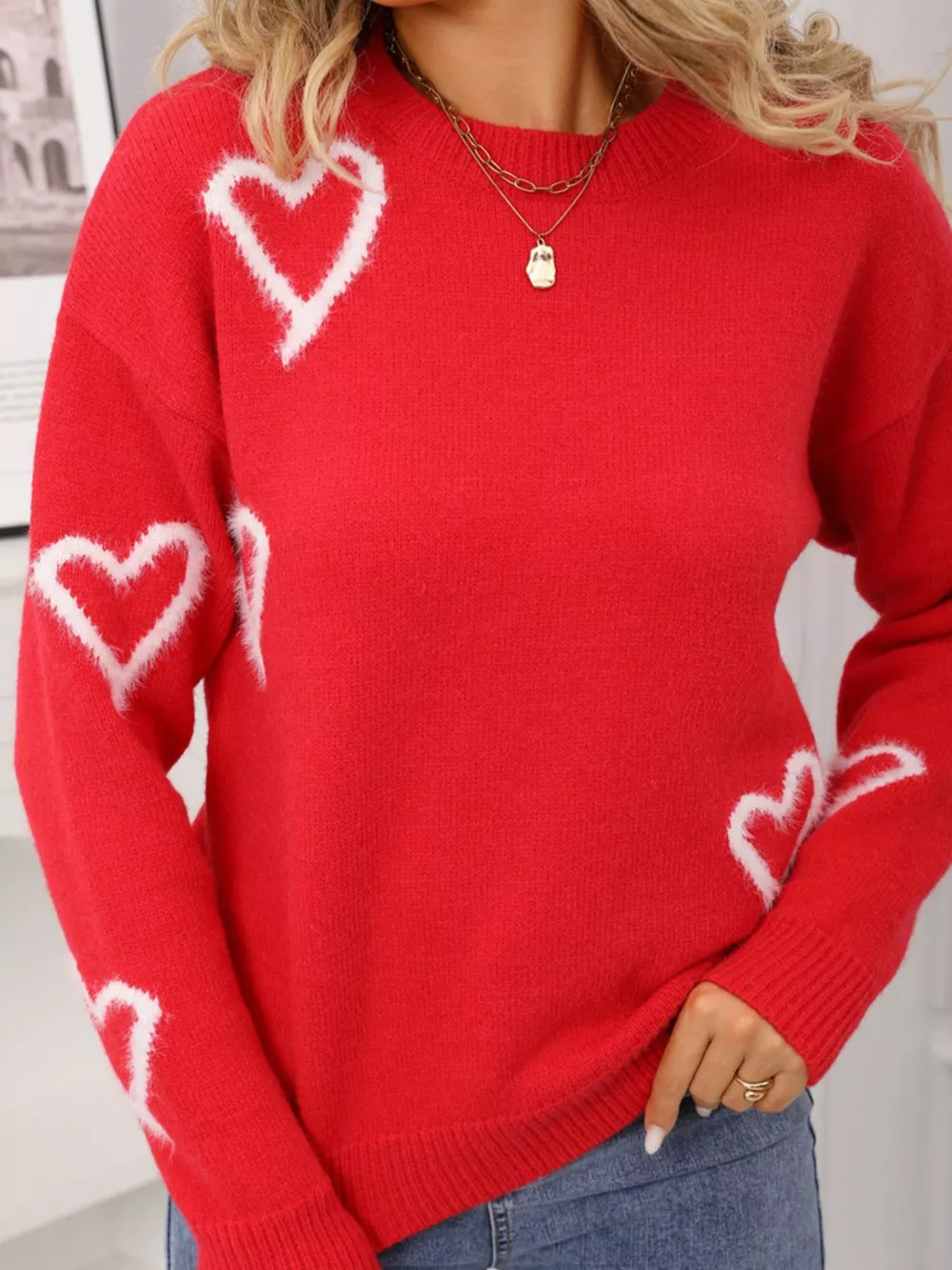 Valentine's Day Heart Print Crew Neck Sweater, image 2