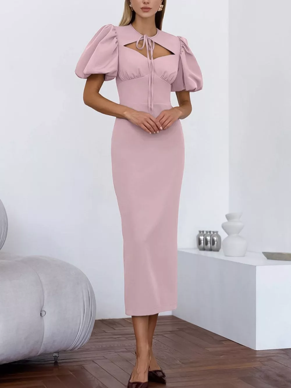 Cutout Front Puff Sleeve Dress, image 2