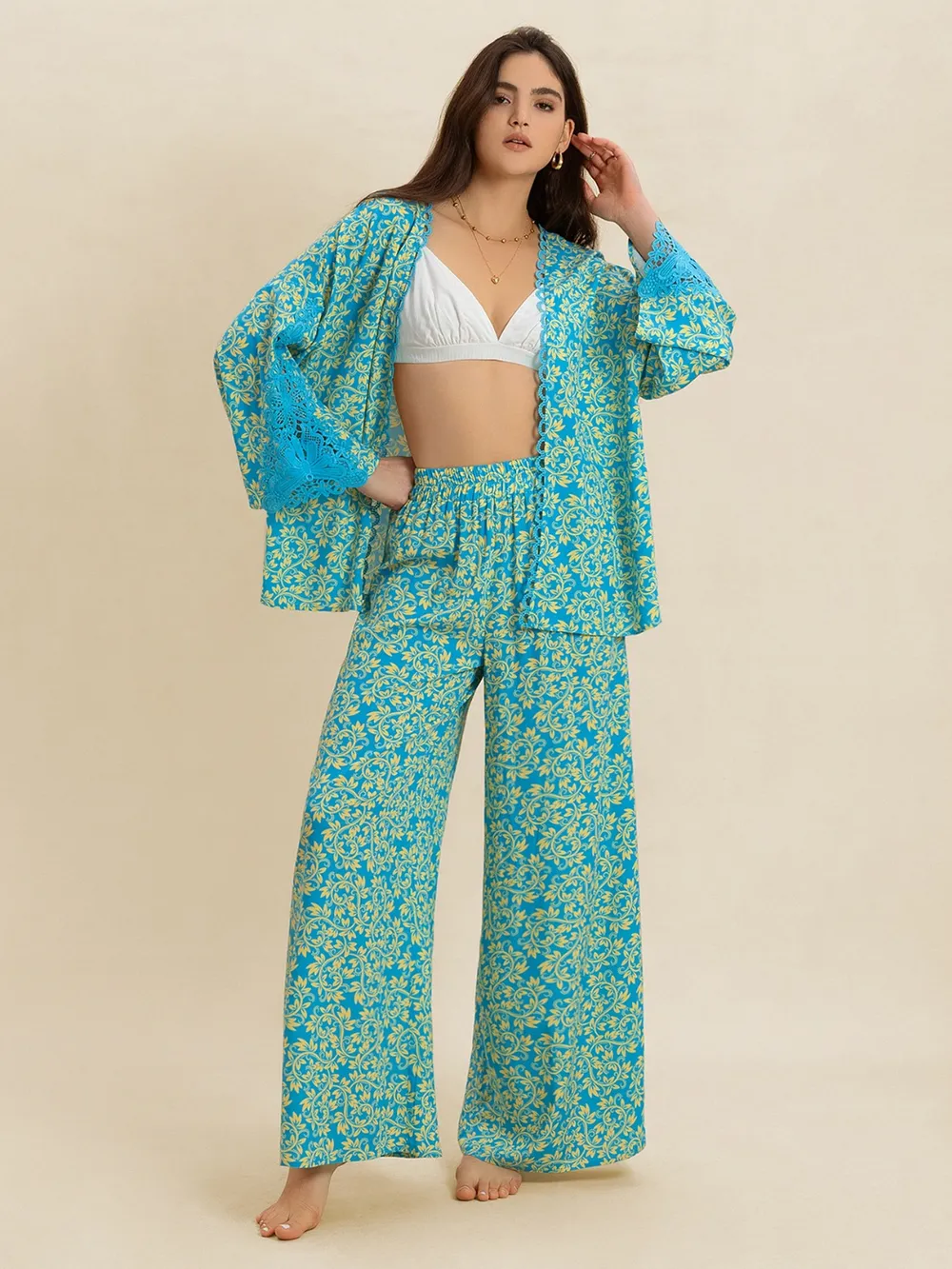 Open Front Printed Top and Pants Set, image 3
