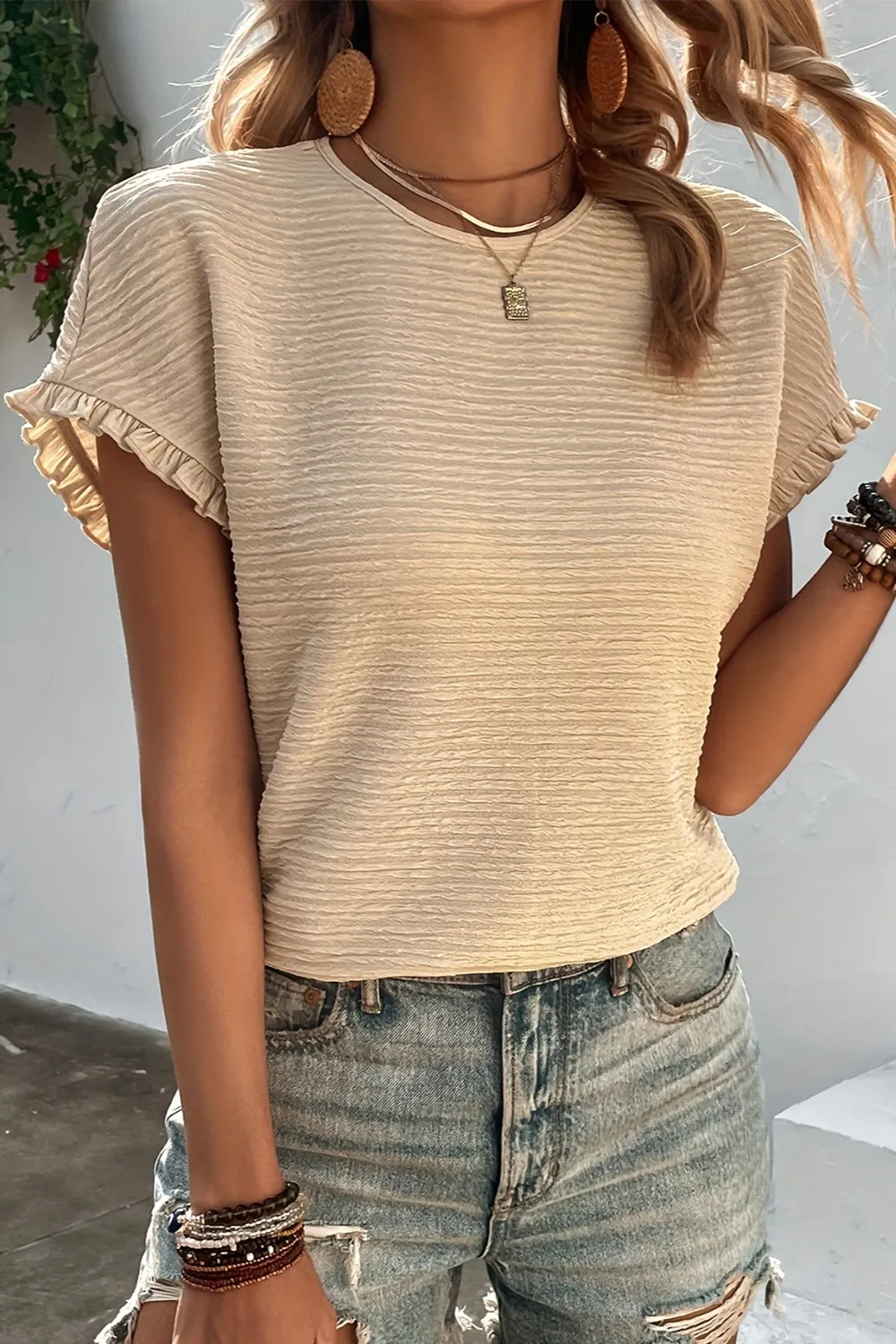 Frill Round Neck Short Sleeve Blouse, image 3