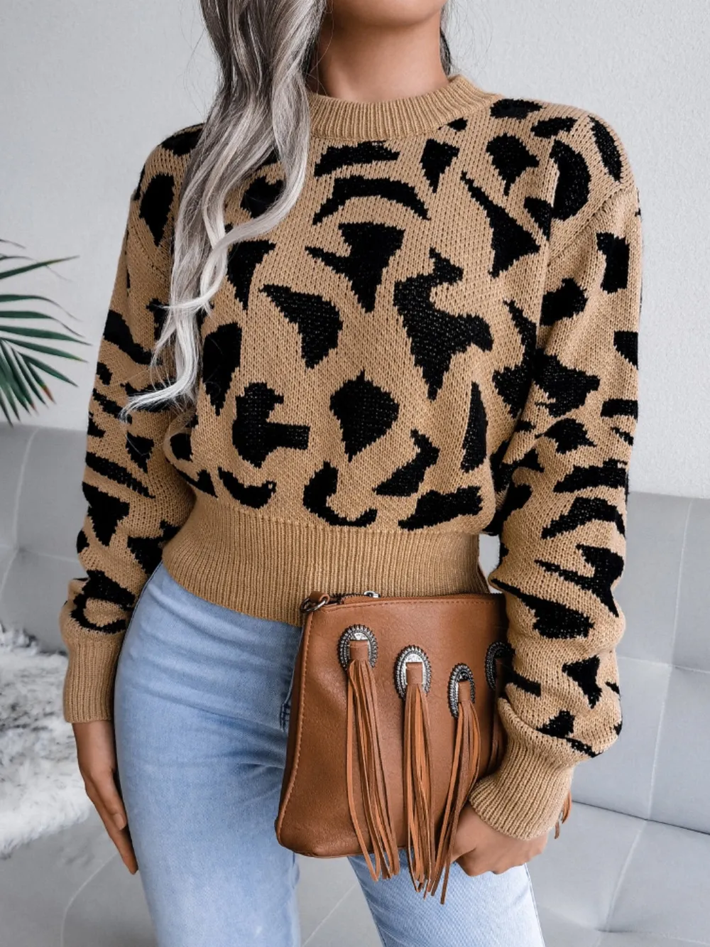 Leopard Round Neck Dropped Shoulder Sweater, image 7