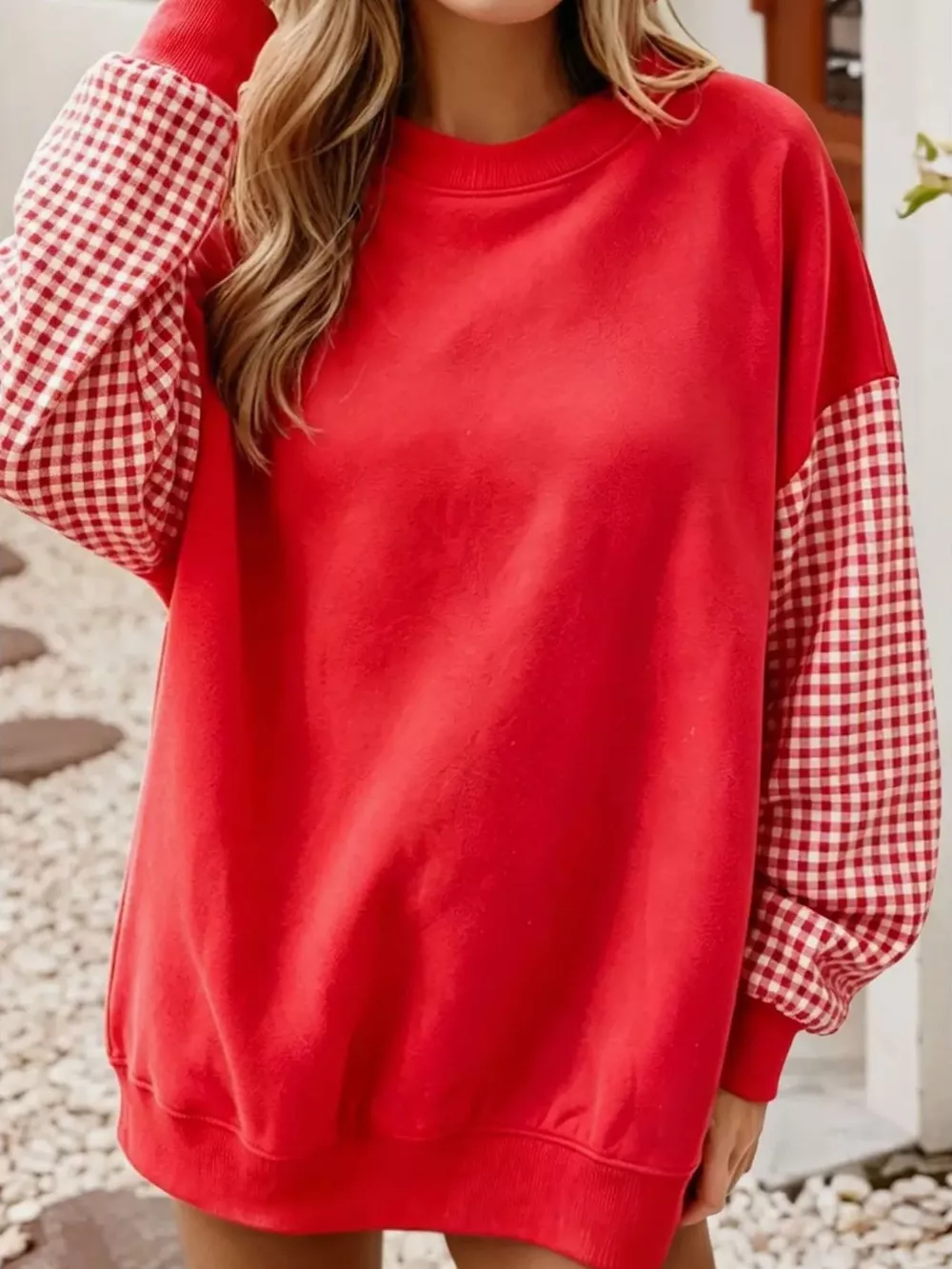 Christmas-Themed Contrast Gingham Long Sleeve Sweatshirt, image 4