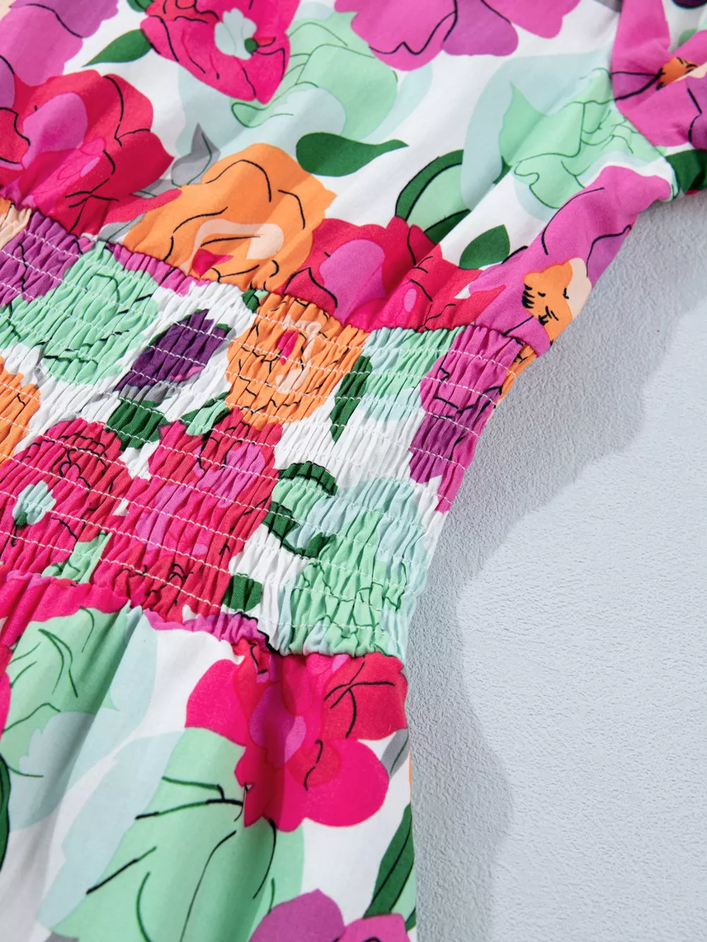 Vibrant Floral Print V Neck Zip Up Puffy Half Sleeve Dress, image 10