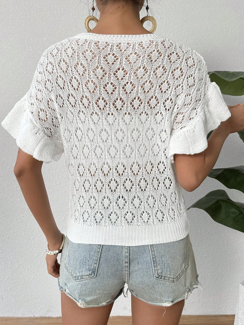 Ruffled Openwork Round Neck Knit Top, image 2