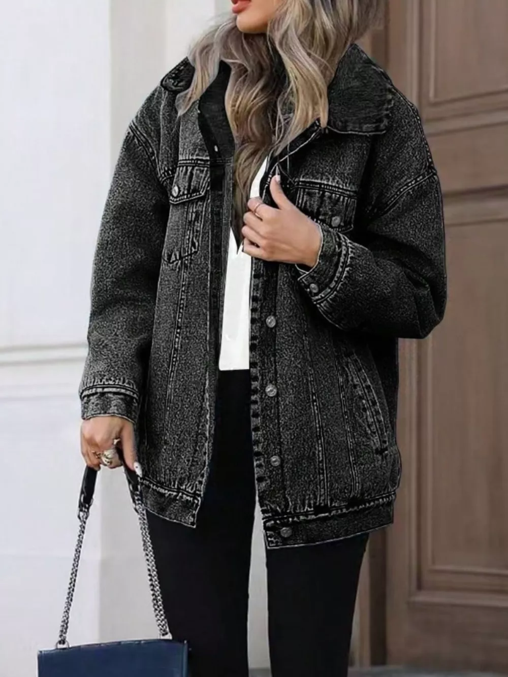 Washed Button Up Oversized Denim Jacket, image 5