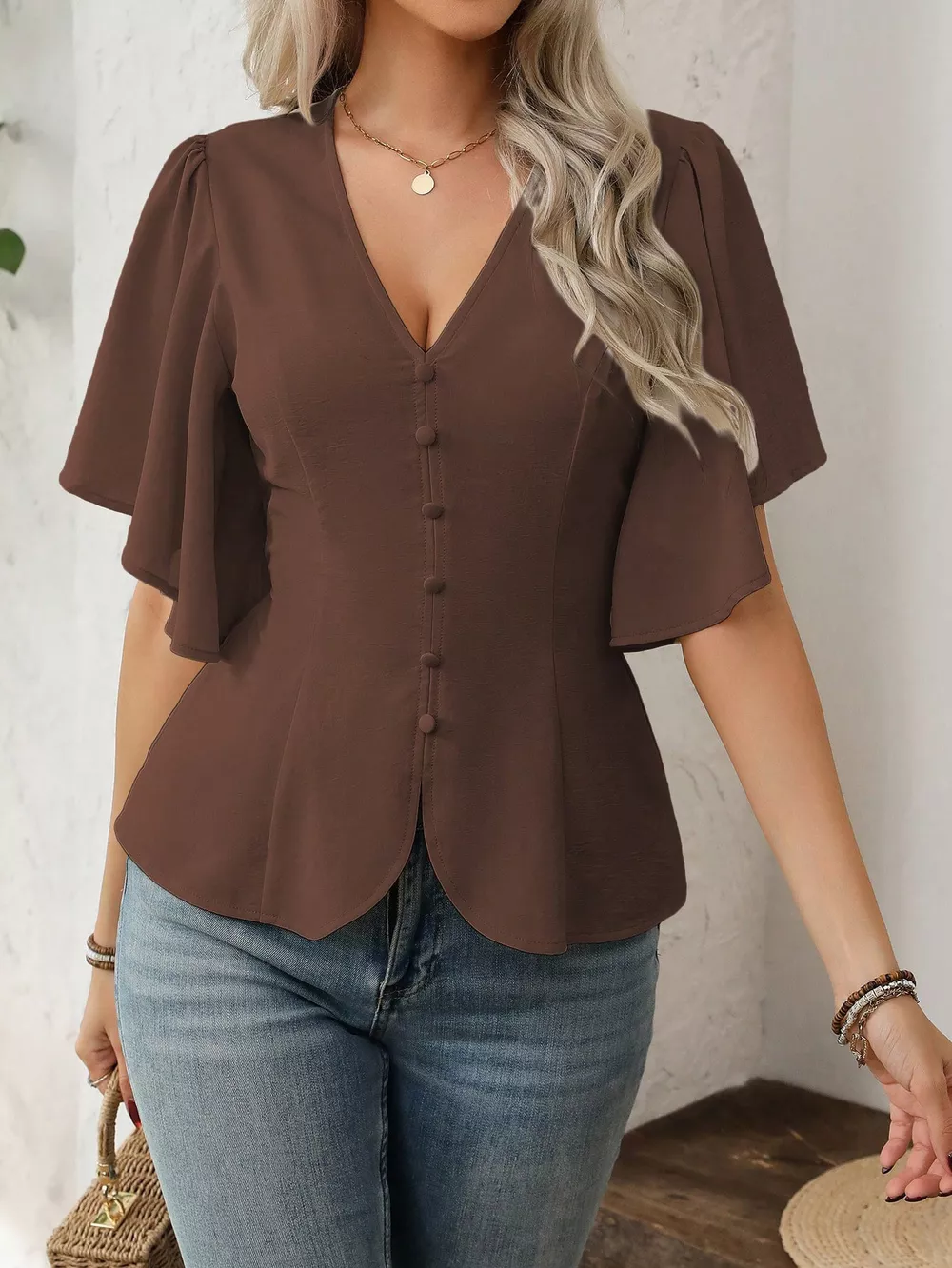 V-Neck Flutter Sleeve Blouse, image 5