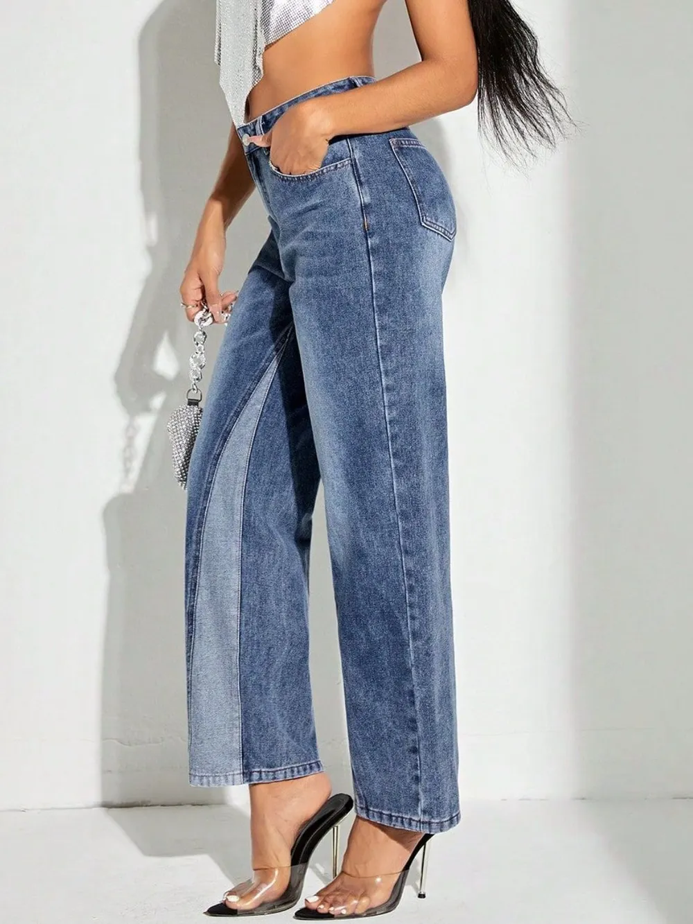 Contrast Patchwork Straight Jeans with Pockets, image 3