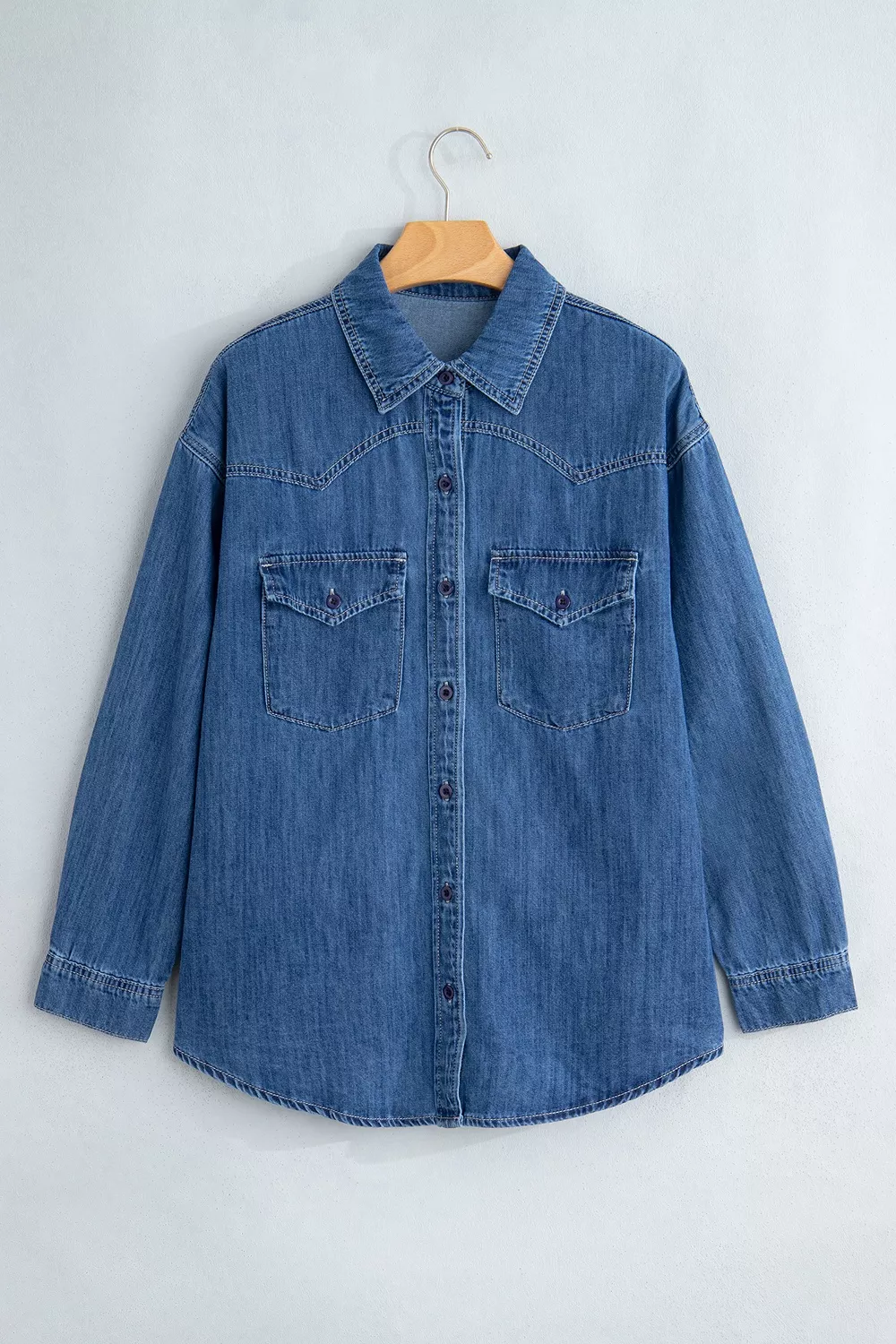 Western Patch Pockets Tunic Length Long Sleeve Denim Shirt, image 7