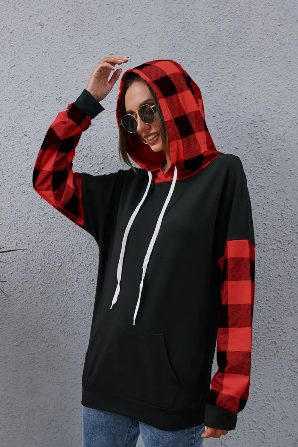Plaid Drawstring Dropped Shoulder Hoodie, image 7