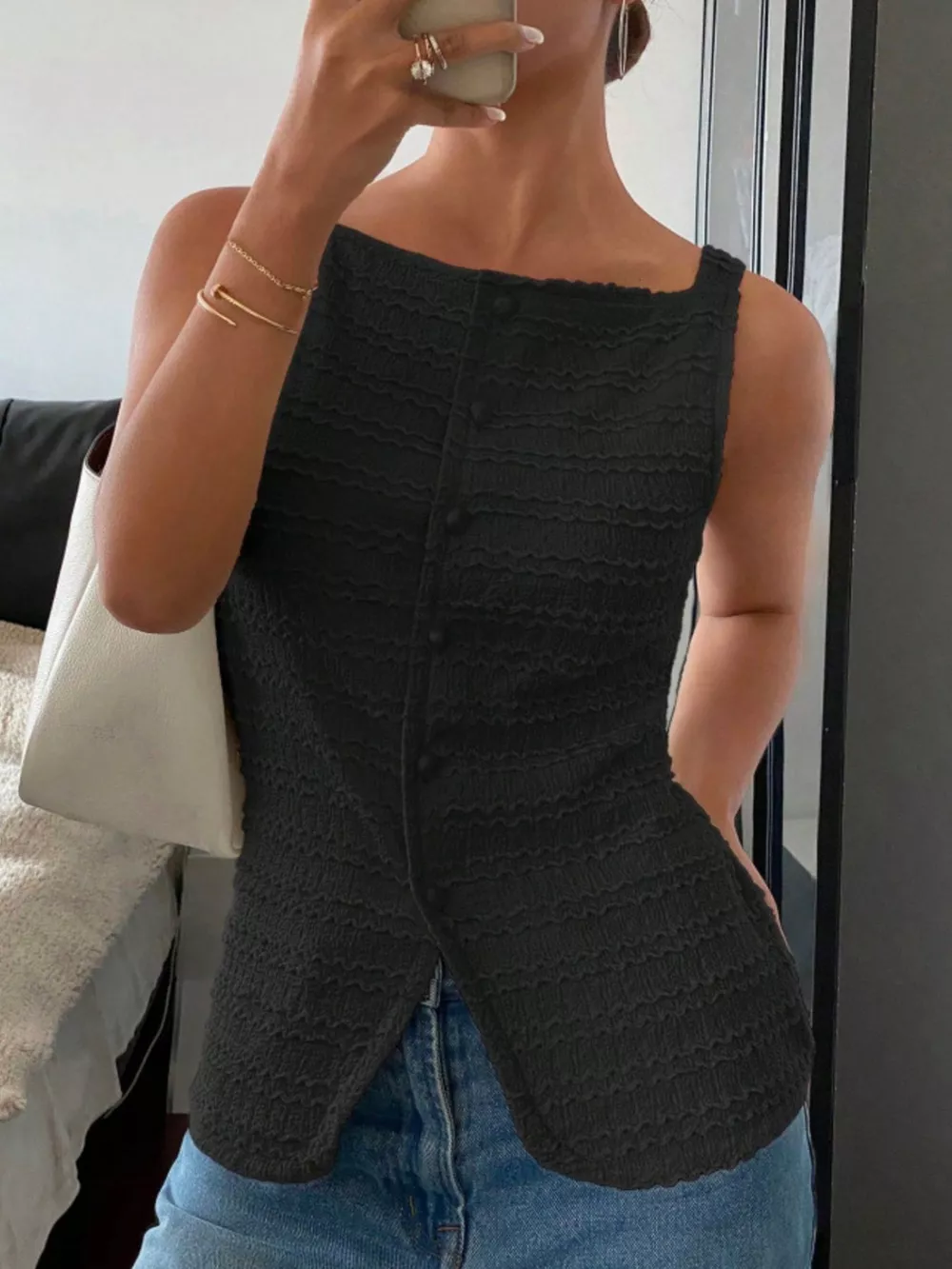Textured Button-Front Tank