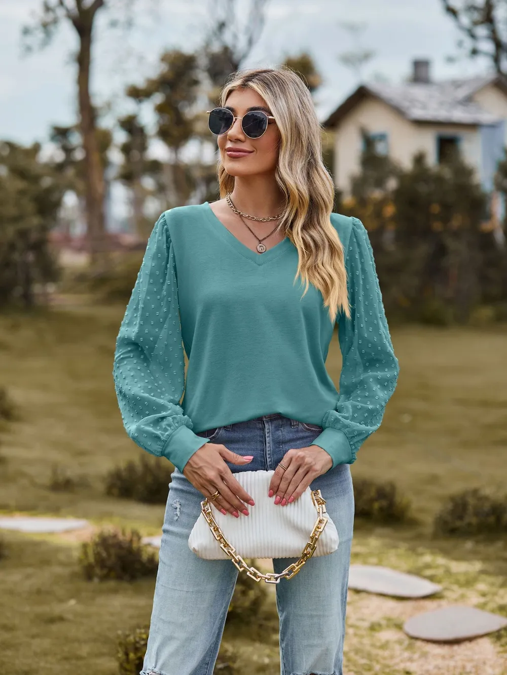 Swiss Dot V-Neck Long Sleeve Blouse, image 13
