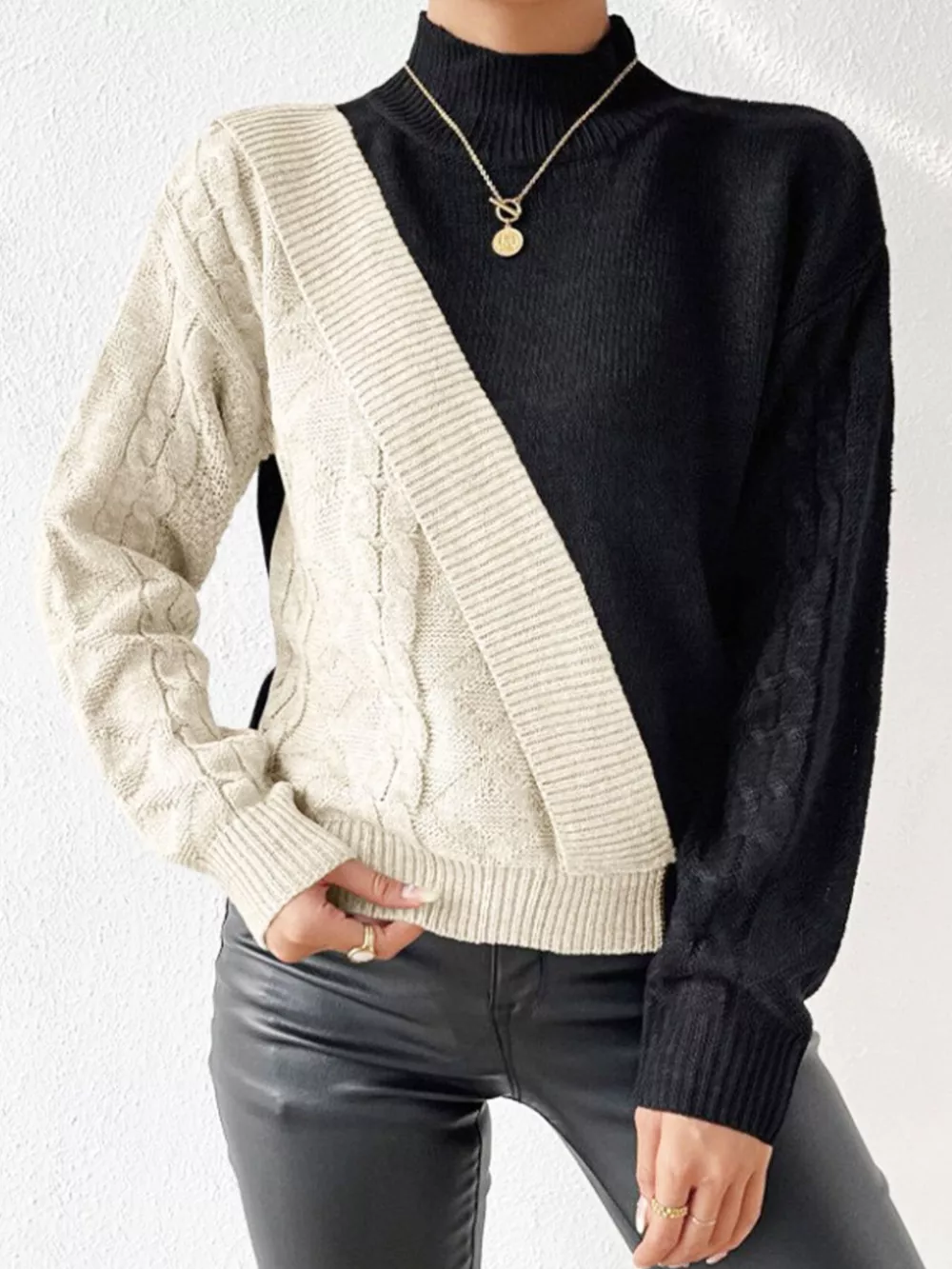 Color Block Cable Knit Mock Neck Sweater, image 6