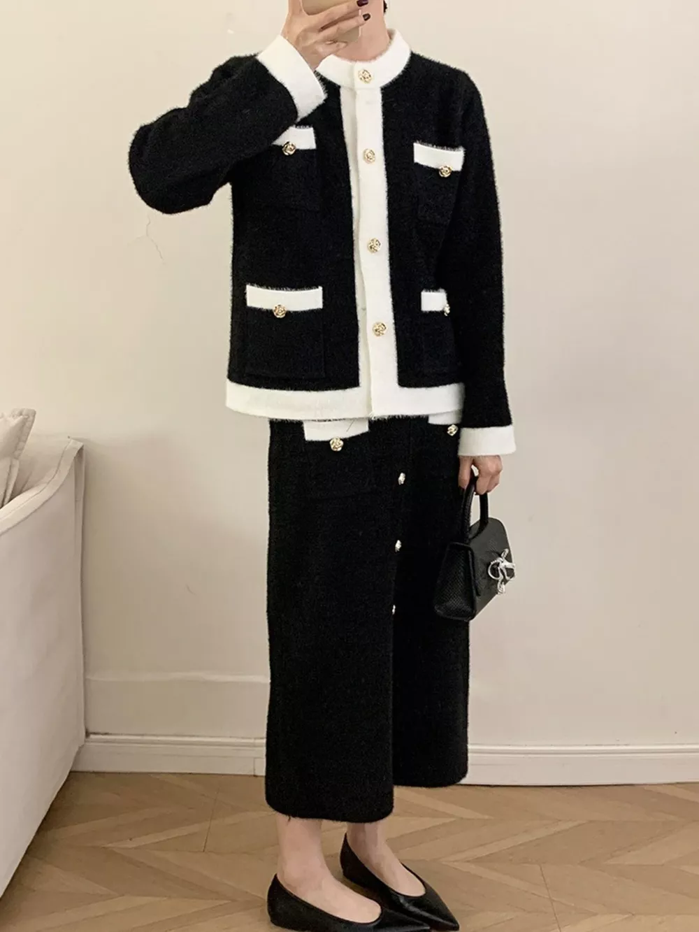 Contrast Trim Jacket and Skirts Sweater Set, image 13