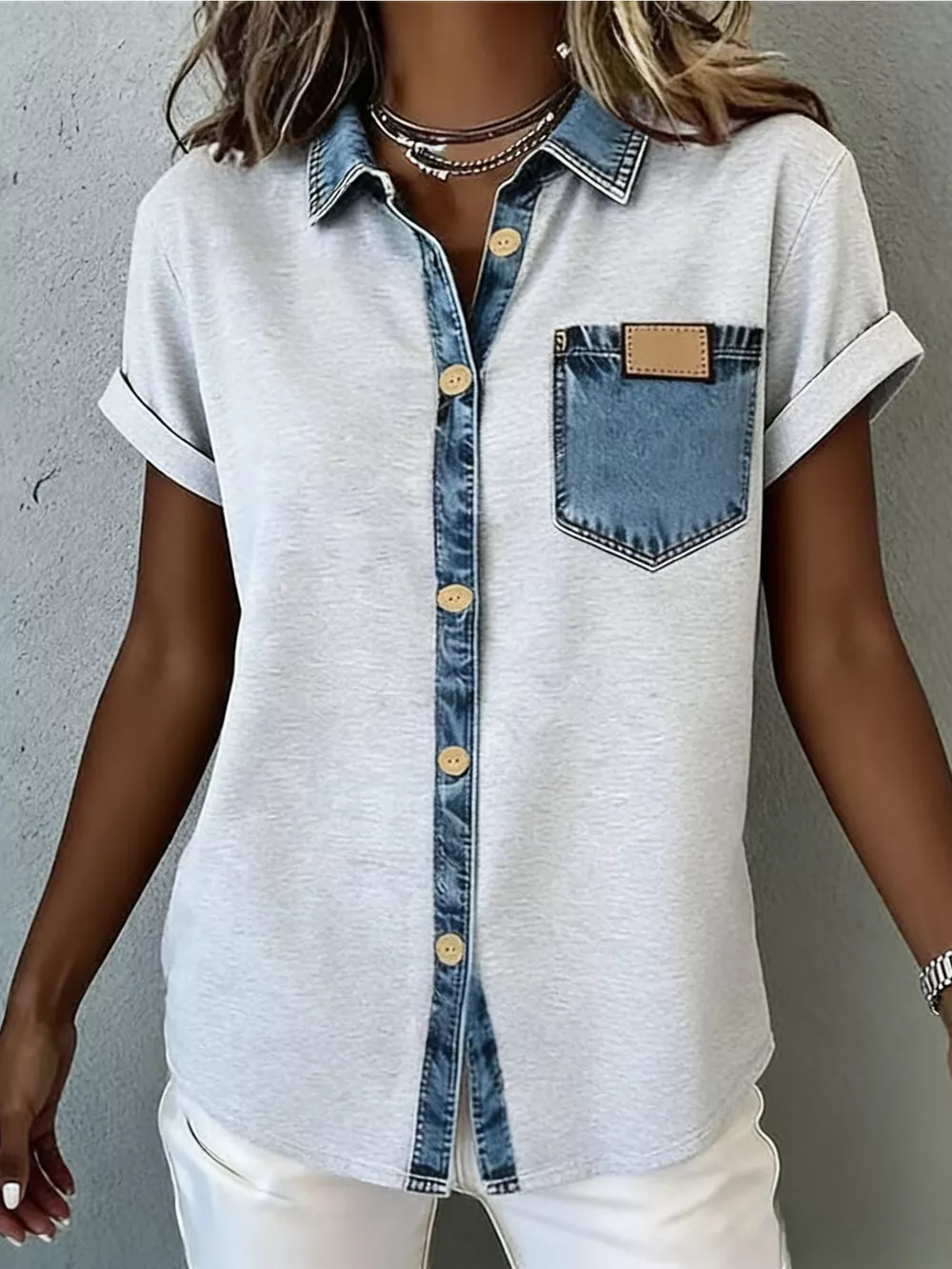Denim Trim Short Sleeve Shirt, image 2