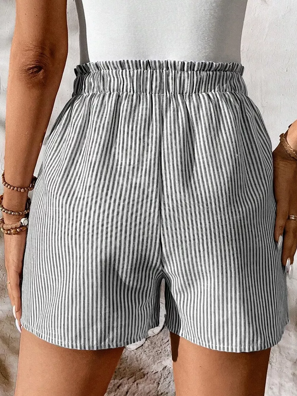 Striped Elastic Waist Drawstring Shorts, image 3