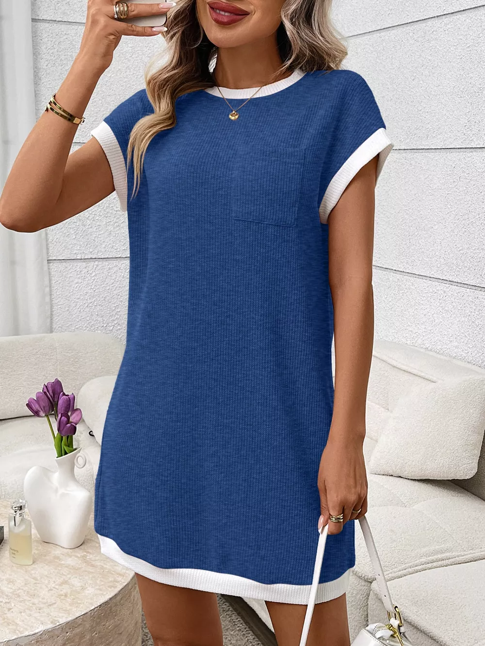 Contrast Trim Ribbed Knit Mini Dress with Pocket, image 23