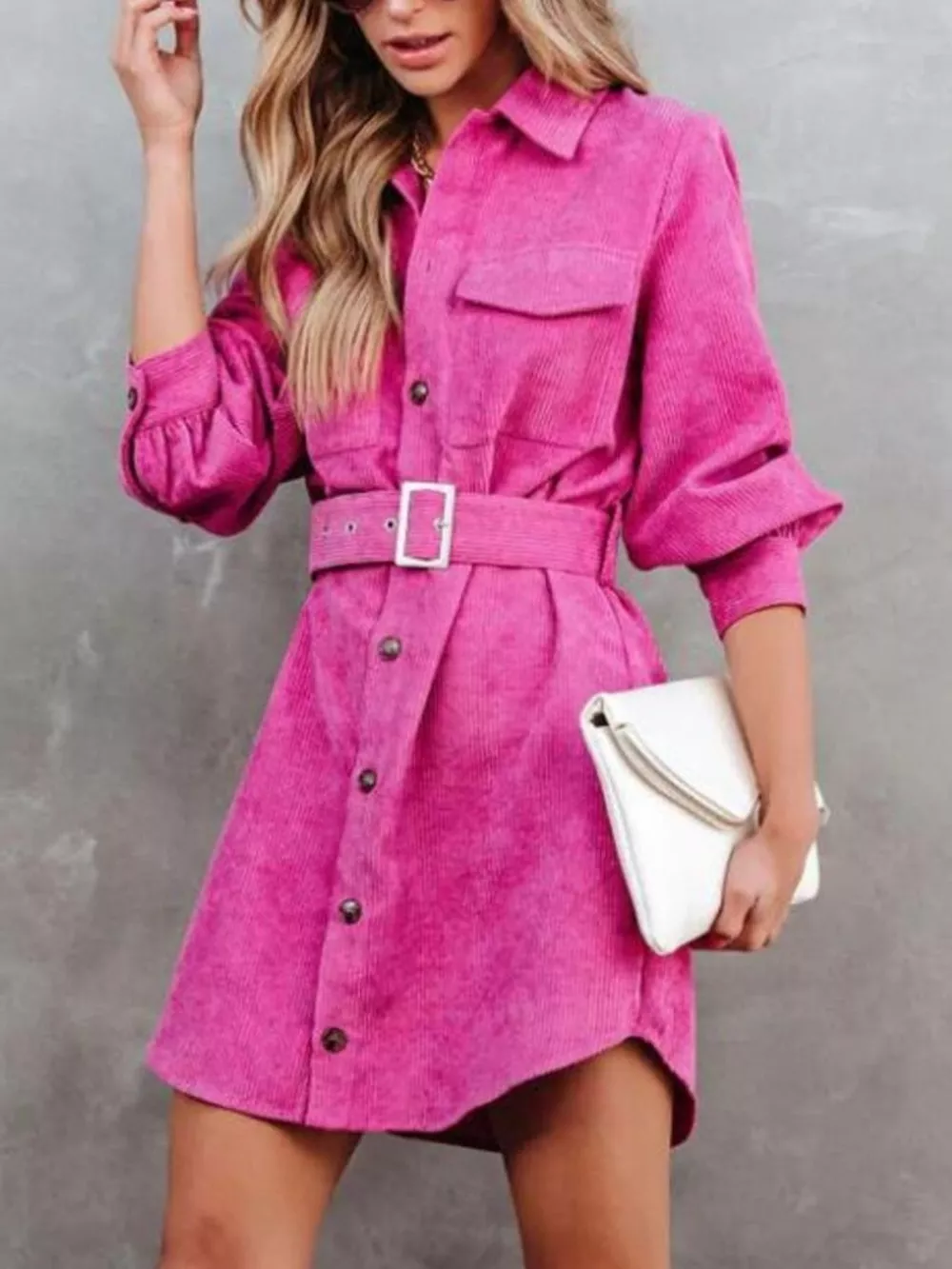 Button Front Belt Long Sleeve Corduroy Dress, image 5