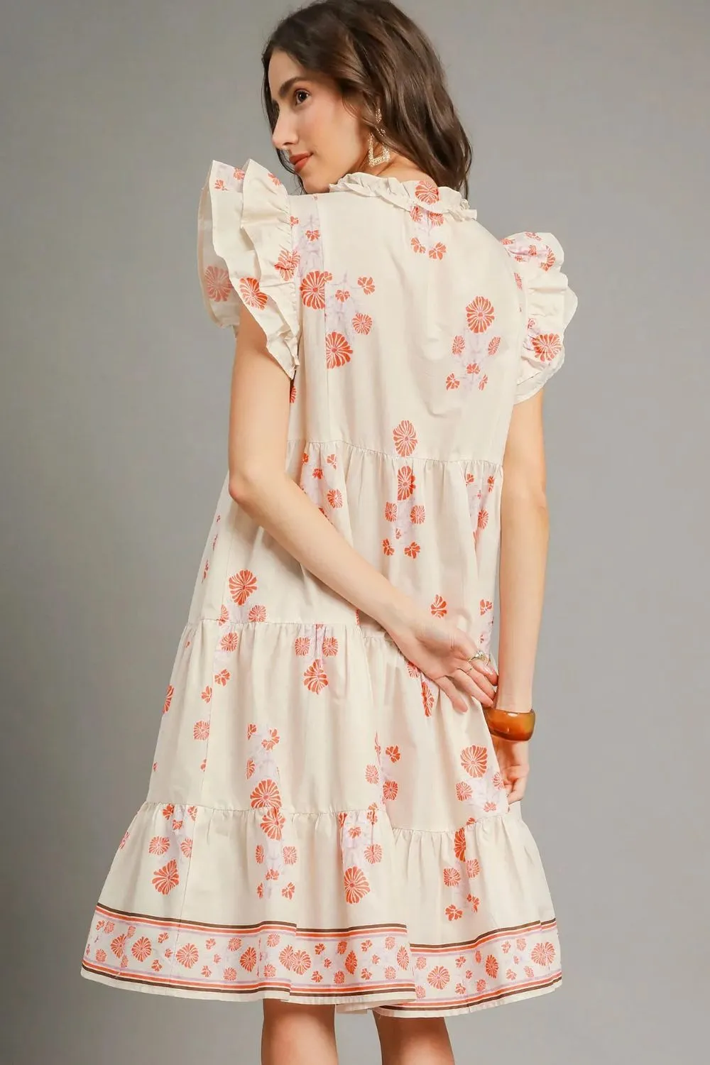 Printed Tie Neck Ruffle Cap Sleeve Dress, image 4