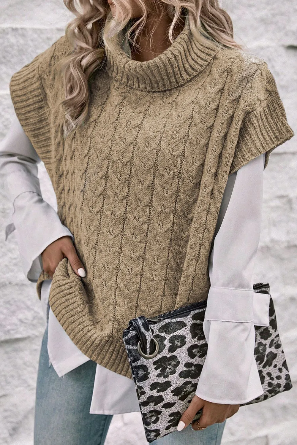Cable Knit Turtleneck Short Sleeve Sweater, image 10