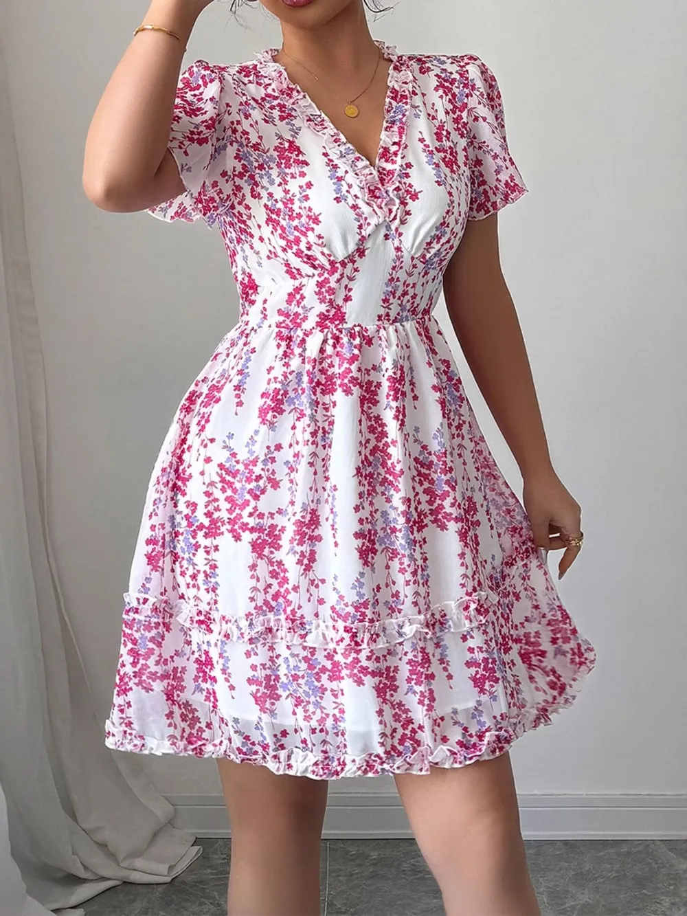 Floral Wrap Dress with Flutter Sleeves, image 6
