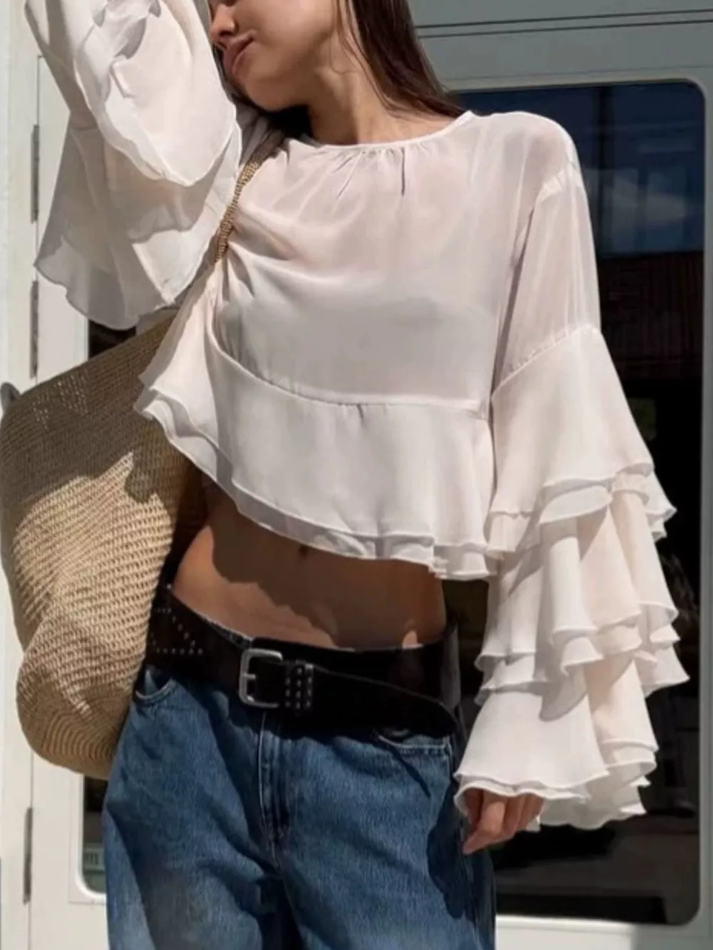 Layered Ruffled Hem Flare Sleeves Blouse, image 3