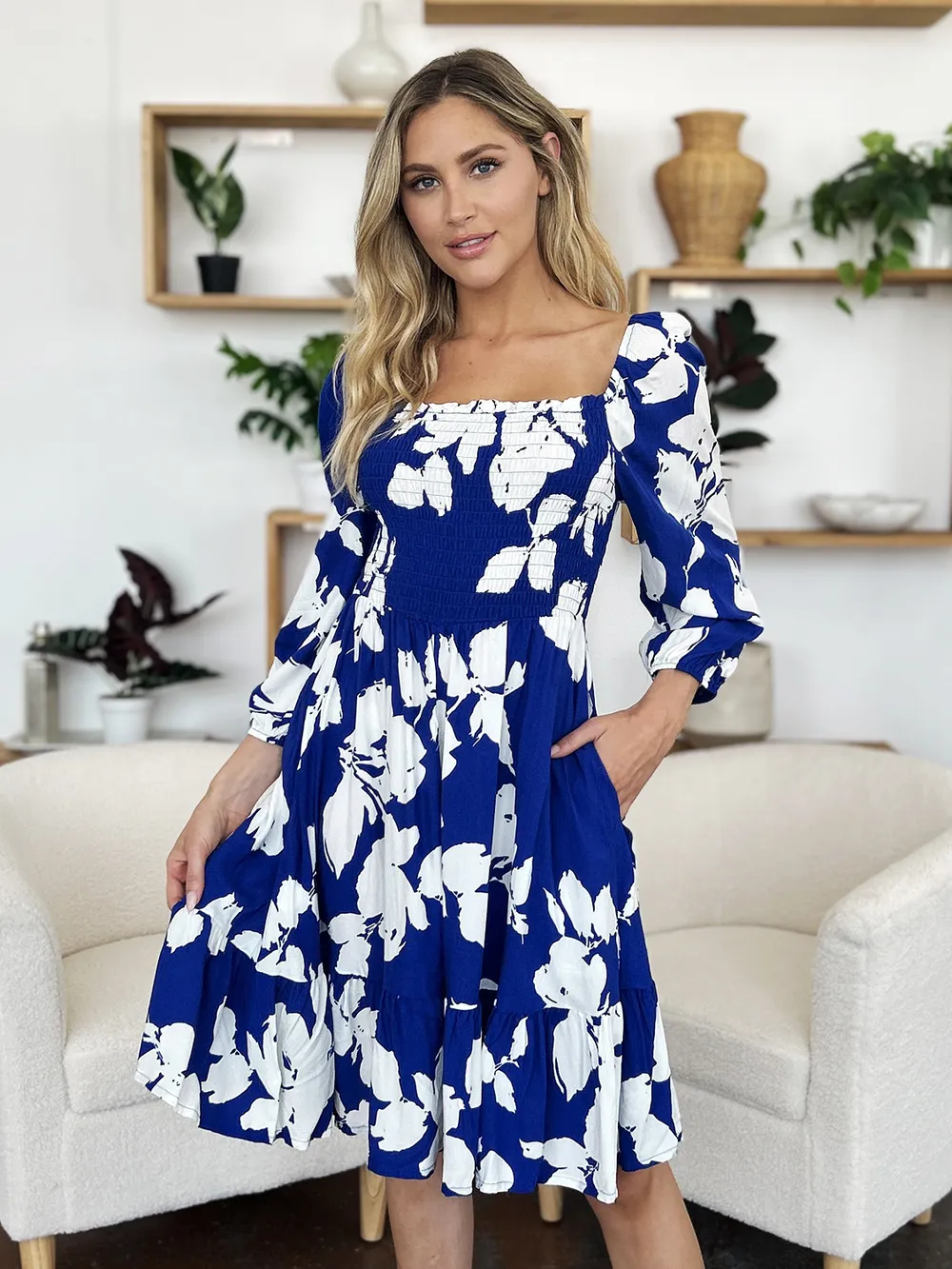Full Size Floral Ruffle Hem Smocked Dress with Pockets, image 12