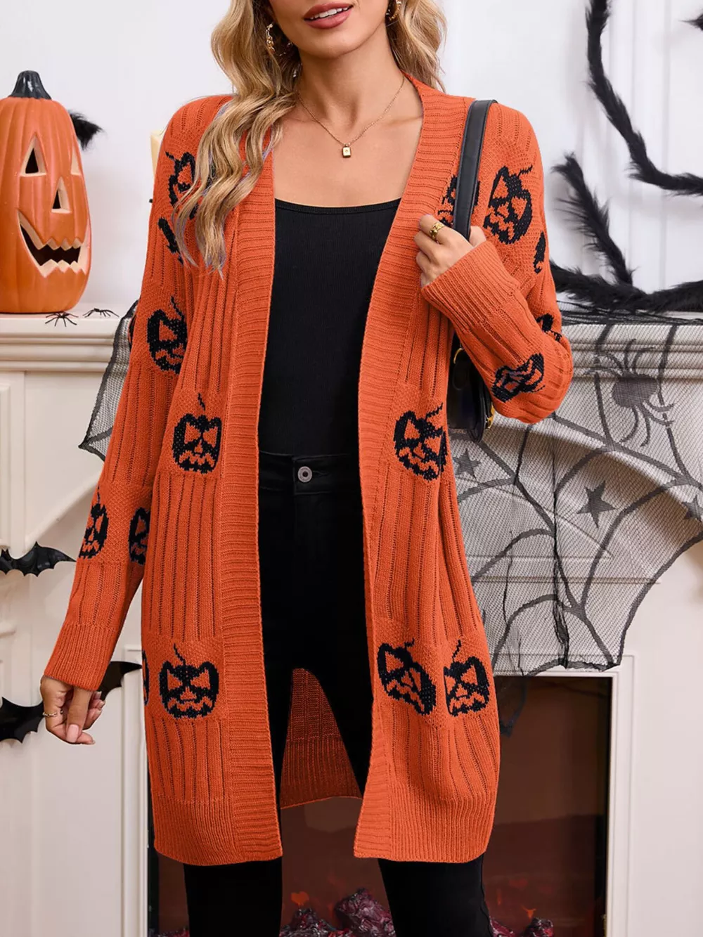 Halloween Pumpkin Open Front Knit Cardigan, image 6